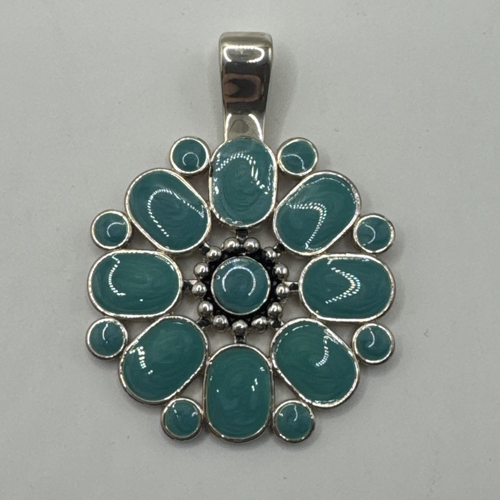 Premier Designs Vintage Reversible Pendant Red Aqua Cluster Signed PD Crown